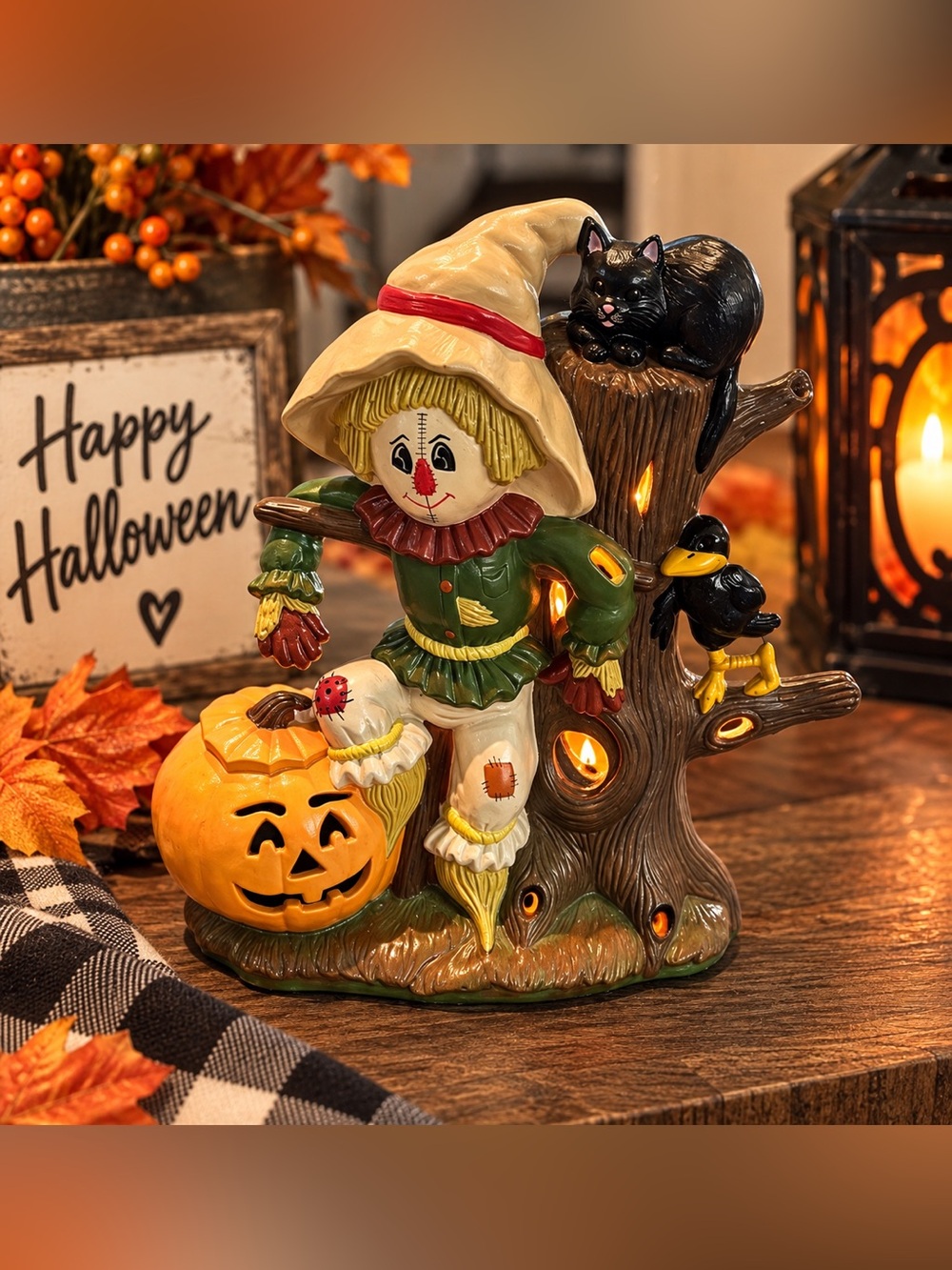 Vintage Halloween Scarecrow Pumpkin Cat Crow Ceramic Candle Holder Decor